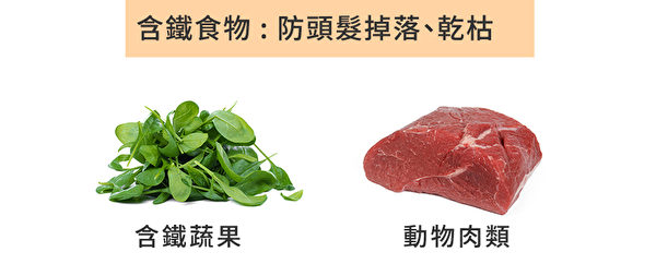 补充含铁食物可以防掉发，从蔬菜水果和从动物肉类吸收铁各占一半比例是最好的。